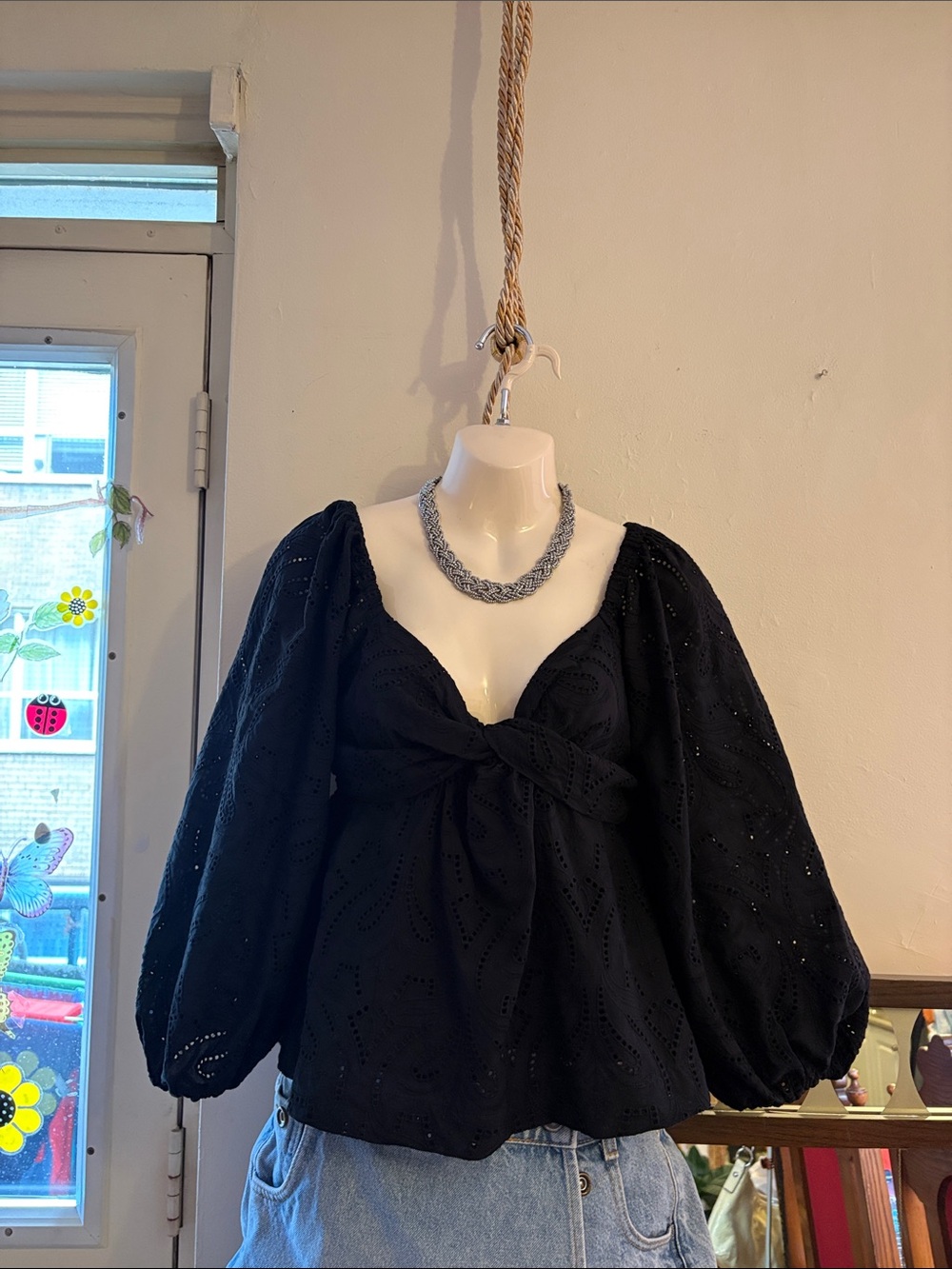 Banana Republic Black Eyelet Knot-Front Puff Sleeve Top. Cotton
